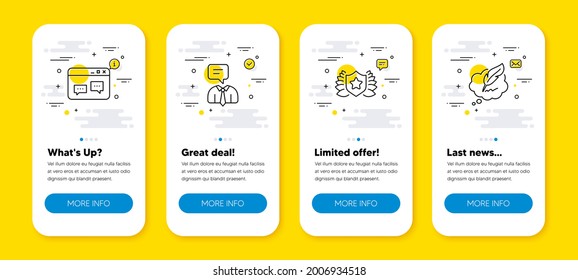 Vector set of Laureate, Support service and Browser window line icons set. UI phone app screens with line icons. Copyright chat icon. Award shield, Human talking, Website chat. Speech bubble. Vector