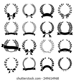 Vector set of laurel wreaths. Hand-drawn wreaths with ribbons and bows isolated on white background. 
