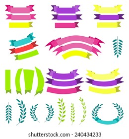Vector set of laurels and ribbons in modern flat style 