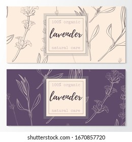 Vector set of lavender natural cosmetic horizontal banners on a pattern. Design for cosmetics, makeup, beauty salon, natural and organic products, health products, aromatherapy.