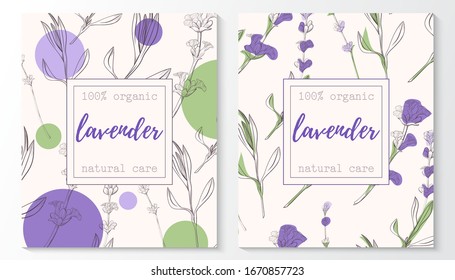 Vector set of lavender natural cosmetic horizontal banners on a pattern. Vector hand drawn illustration Design for cosmetics, makeup, beauty salon, natural and organic products, health products