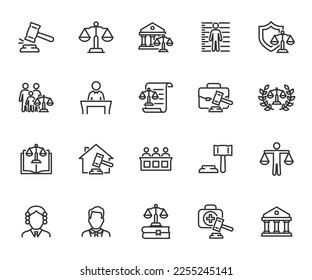 Vector set of law line icons. Contains icons justice, court, ethics, legal services, courthouse, lawyer, judge, criminal and more. Pixel perfect.