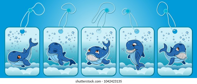 vector set layouts for printing illustration tag label from blue whales in different poses and with different emotions among underwater bubbles
