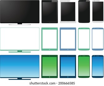 Vector set of lcd tv monitor, tablet and smart phone in three different styles, realistic, pastel colors with transparent screen and gradient green and blue displays