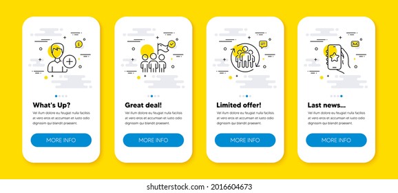 Vector set of Leadership, Teamwork and Add person line icons set. UI phone app screens with line icons. Favorite app icon. Winner flag, Employees change, Edit user data. Smartphone review. Vector