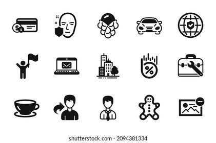 Vector set of Leadership, Tool case and Skyscraper buildings icons simple set. Face protection, Loan percent and Car icons. Remove image, Share and Espresso signs. Leadership simple web symbol. Vector