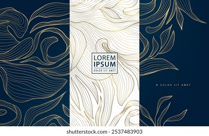 Vector set of leaf abstract pattern, floral line golden labels, posters, elegant luxury plant cards. Herbal illustrations, package