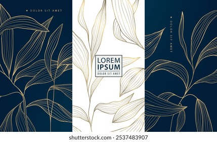 Vector set of leaf abstract pattern, floral line golden labels, posters, elegant luxury plant cards. Herbal illustrations, package