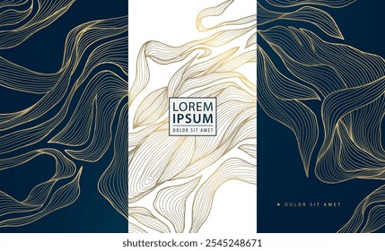 Vector set of leaf abstract pattern, floral line golden labels, posters, elegant luxury plant cards. Herbal illustrations, package