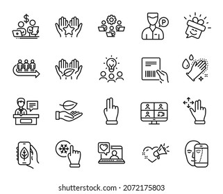 Vector set of Leaf, Business idea and Freezing click line icons set. Parcel invoice, Face biometrics and Friends chat icons. Move gesture, Valet servant and Love message signs. Leaf web symbol. Vector