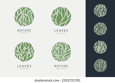 Vector set of leaf circle logos, green, nature abstract icons. Ogranic round shape emblems