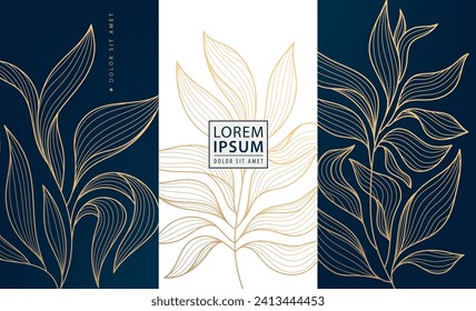 Vector ambientado patrones de flores de hoja, cajas de paquetes de arte deco de hierbas doradas, etiquetas de hojas de té. Etiquetas de fondo orgánicas, plantillas de flores de lujo.