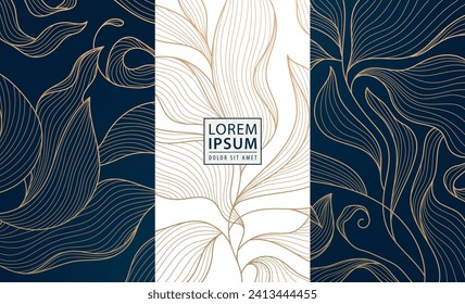 Vector set leaf floral patterns, golden herbal art deco package boxes, tea leaves tags. Organic background labels, luxury flower templates.