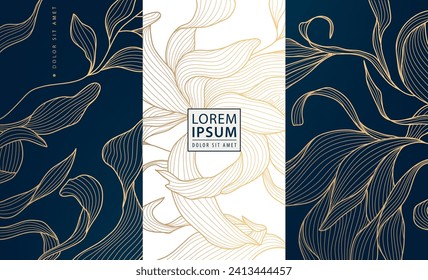 Vector set leaf floral patterns, golden herbal art deco package boxes, tea leaves tags. Organic background labels, luxury flower templates.