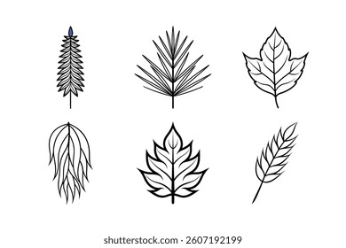 Vector set of leaf icons showcases a seamless floral pattern, an artistic nature illustration for spring or autumn design