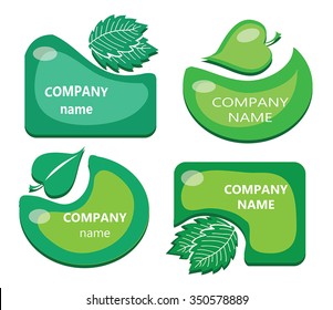 Vector set of leaf labels / stickers - cute green frames / backgrounds collection. 4 green shapes with leaves. Circle and rectangle border set for natural products. Green energy, fresh food concept.