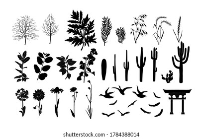 Vector set of leaf, plants, trees, cactus, birds, gate, palm leaf, sun flower, flower, floral silhouette elements  isolated on white background. Illustration in black and white colors