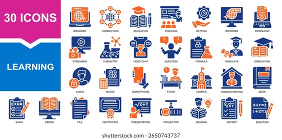Vector set of learning fill collection. Containing teaching. study, graduation, question, homeschooling