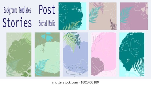 Vector set of leaves background for social media stories and posts with copy space for text and photos. Design templates for website, mobile app, poster, flyer, coupon, card, smartphone.