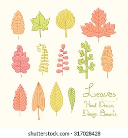 Vector set of leaves of hand drawn in cartoon style