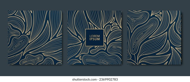 Vector set of leaves luxury golden square cards, post templates for social net, botanical modern, art deco wallpaper background. Pattern, texture for print, fabric, package design.