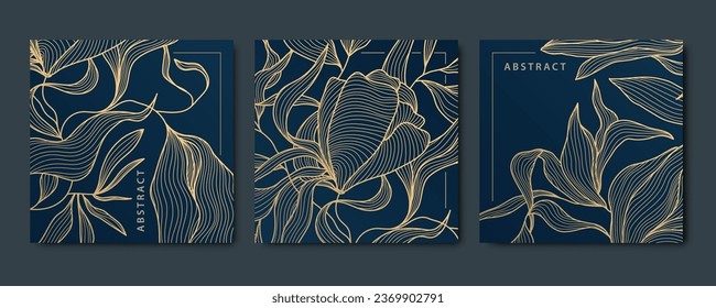 Conjunto vectorial de hojas tarjetas cuadradas doradas de lujo, postales para red social, botánico moderno, fondo de fondo de fondo de fondo Art deco. Patrón, textura para impresión, tela, diseño de paquete.