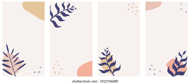 Vector set. Leaves. Stories, cards, wallpaper. Social media, marketing. Background template. Pastel shapes. Minimalism. 8 eps