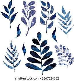 vector set of leaves, textured flat botanical design elements 