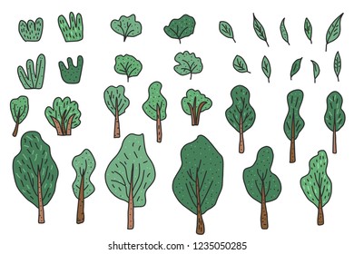 Vector set of leaves, trees and bushes.  Collection of doodle  style elements.