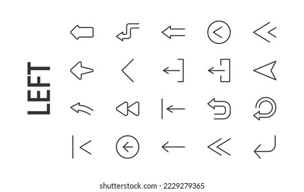 Vector set of left thin line icons. Design of 20 stroke pictograms. Signs of left isolated on a white background.