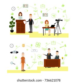 Vector set of legal trial scenes with lawyers questioning witness, proving his client innocence, woman recording court hearing. Law court people flat symbols, icons isolated on white background.