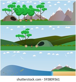Vector set of leisure interior concept posters, banners, nature backgrounds. Places for summer outdoor activities. Flat style design.