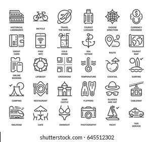 Vector set of leisure and tourism flat line web icons. Each icon with adjustable strokes neatly designed on pixel perfect 48X48 size grid. Fully editable and easy to use.