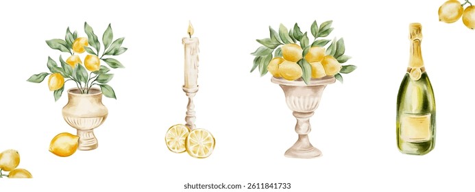 Vector set of lemon compositions for summer decor. Lemon in a ceramic vase, summer drink, restaurant decor. Modern watercolour illustration 