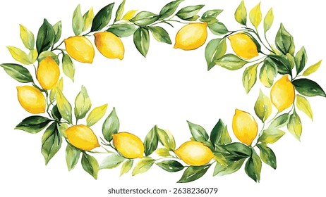 Vector set of lemon frame. Watercolor illustration depicts a festive wreath of bright yellow lemons and vibrant green leaves. Perfect for wedding invitation card