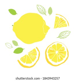 Vector set with lemon and slice of lemon on white background. Flat style. Illustration for wrapping paper, post cards, prints for clothes, and emblems. Design for cosmetics, spa, health care product.