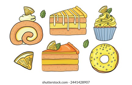 Vector set lemon sweets icons. Donut, muffin, roll, biscuits and cake