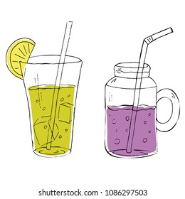 
Vector Set Of Lemonade Or Cocktails With Ice In A Tall Glass And In A Jar With A Handle With Straws, Lime And Violet, Hand Drawn Sketch