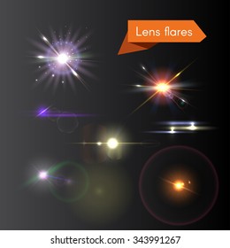 Vector set of lens flares and glowing colorful flash elements 