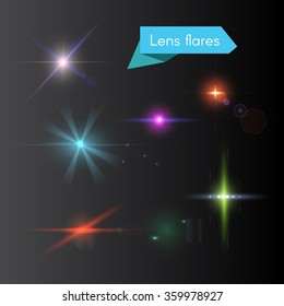 Vector set of lens flares and glowing colorful flash elements