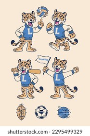 vector Set of Leopard Sport Mascot in Vintage Retro Hand Drawn Style