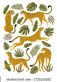 Vector set of leopards or cheetahs and tropical leaves. Trendy illustration.