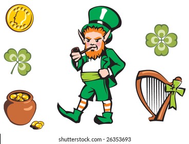 vector set with leprechaun, coin, cauldron and clover leafs