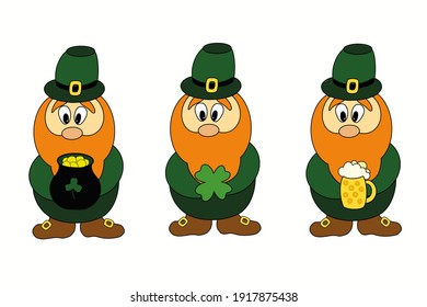 Vector set of leprechauns with pot of coins, shamrock and beer.St. Patrick's Day. 