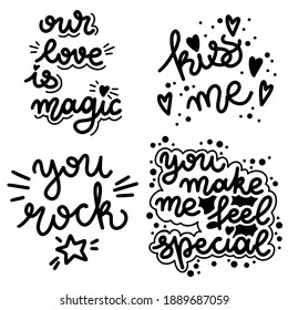 Conjunto vectorial de letras sobre el amor. Día de San Valentín. Letras en blanco y negro.