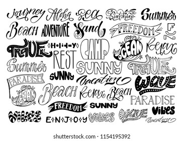 Vector set, lettering calligraphy. Wave, happy, holiday, beach, rest, sand, sea, vibes, paradise, enjoy, summer, ocean, travel, relax, aloha, vacation, sunny, camp, freedom, journey, adventure, fun.