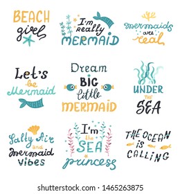 Vector set of lettering with cute mermaids phrases. Vector illustration for your design
