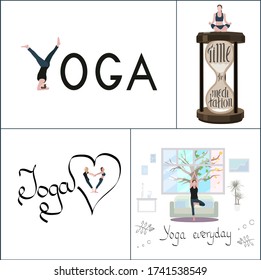 
vector set of lettering and flat illustration isolated on white background on the theme of yoga