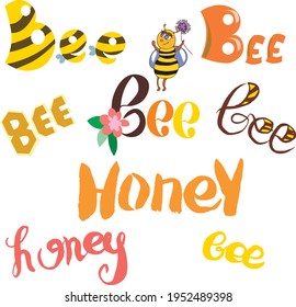 Vector set of lettering honey,bee in different styles,honey golden, yellow-black, letter B,letter E and cute bee with flower. Striped letters with wings,uppercase, curly,for logo design, food pack