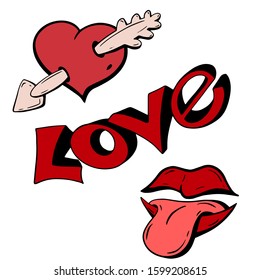 Vector set of lettering love, heart with arrow, mouth with tongue. Use for patches of clothing, weddings, advertising, banner cards, invitations, parties, shop windows, printing, books, etc.